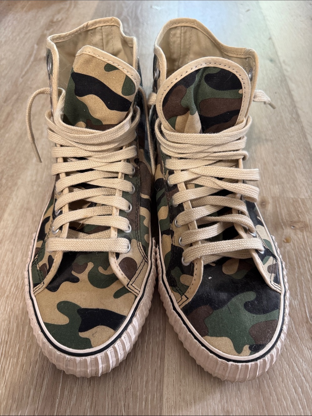 PF FLYERS Camouflage High-Top Sneakers - Tan Green Camo Size 13